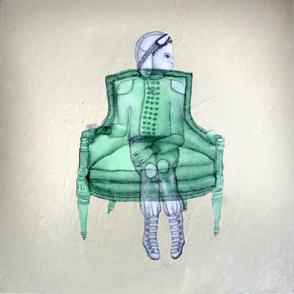 'Adventurer', 2008<br />paper, pencil and oil on canvas<br />30 x 30 cm<br />sold to private collection 
