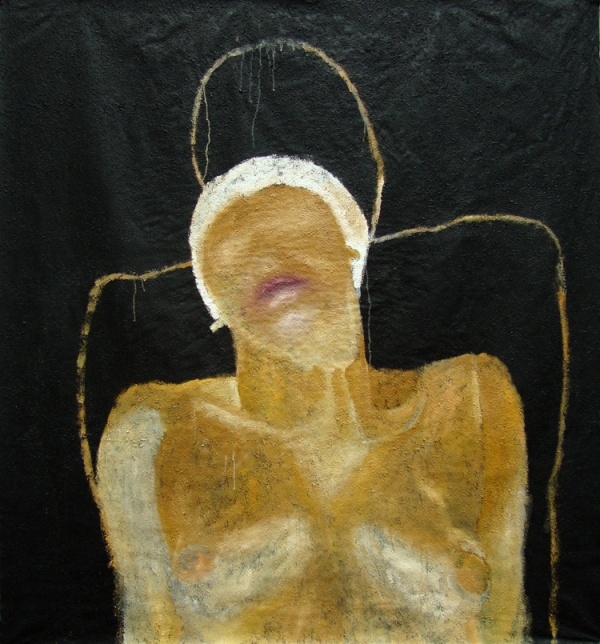 'Ochre Self-portrait', 2010<br />acrylic and gravel on unstretched canvas<br />212 x 195 cm 