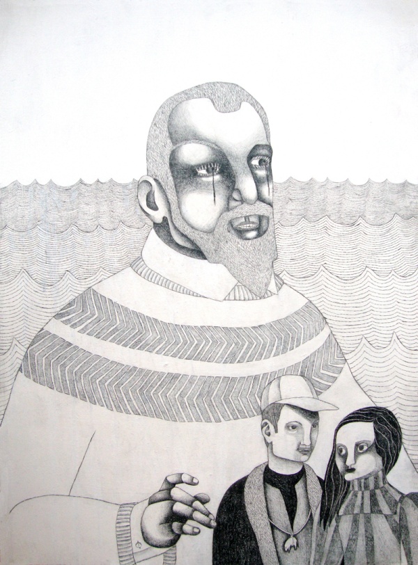 'Ernest and His Parents', 2012<br />acrylic and pencil on chipboard<br />110 x 80 cm 
