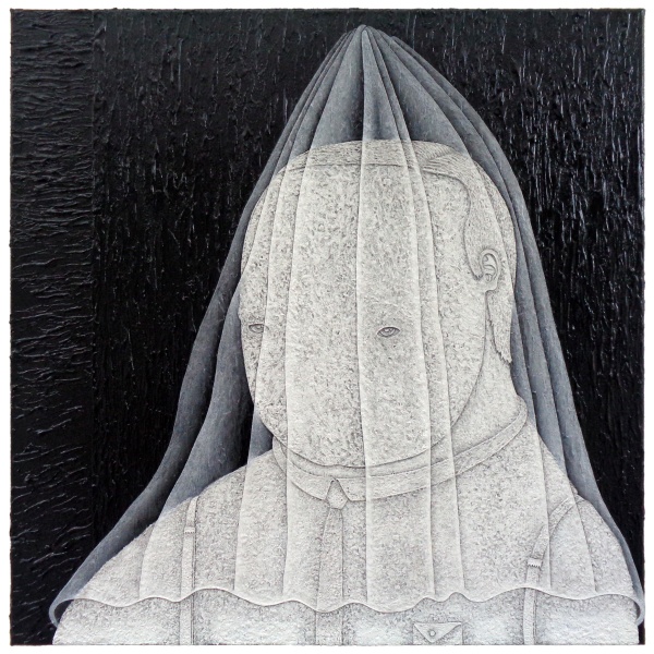 'Tentman', 2023<br />gesso, modeling paste and pencil on canvas<br />80 x 80 cm 