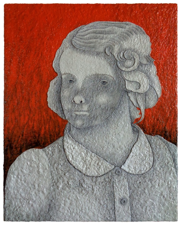 'Disaster Zoë', 2024<br />acrylic, modeling paste and pencil on canvas<br />50 x 40 cm<br />sold to private collection 