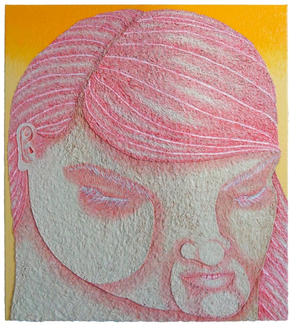 'Tether', 2024<br />acrylic, colored pencil and modeling paste on canvas<br />50 x 45 cm<br />sold to private collection 