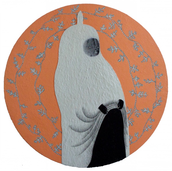 'Wilhelmet', 2024<br />acrylic, modeling paste, pencil and permanent marker on canvas board and panel<br />Ø30 cm<br />sold to private collection 