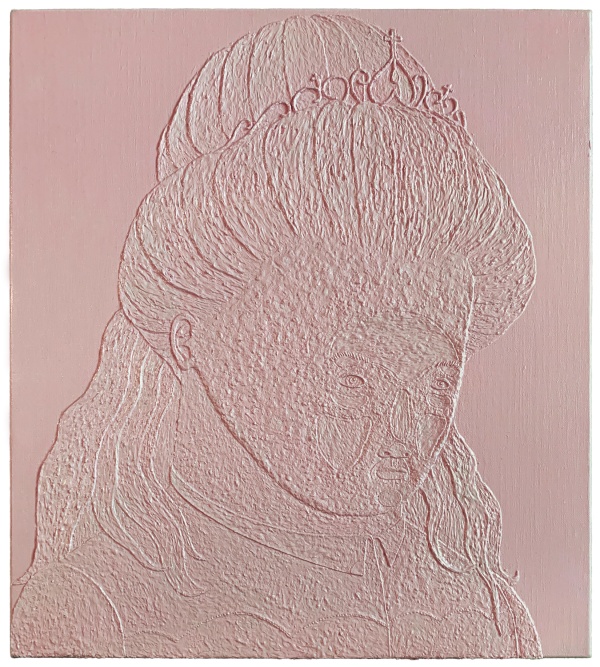 'Deficit', 2025<br />acrylic and modelingpaste on canvas<br />50 x 45 cm 