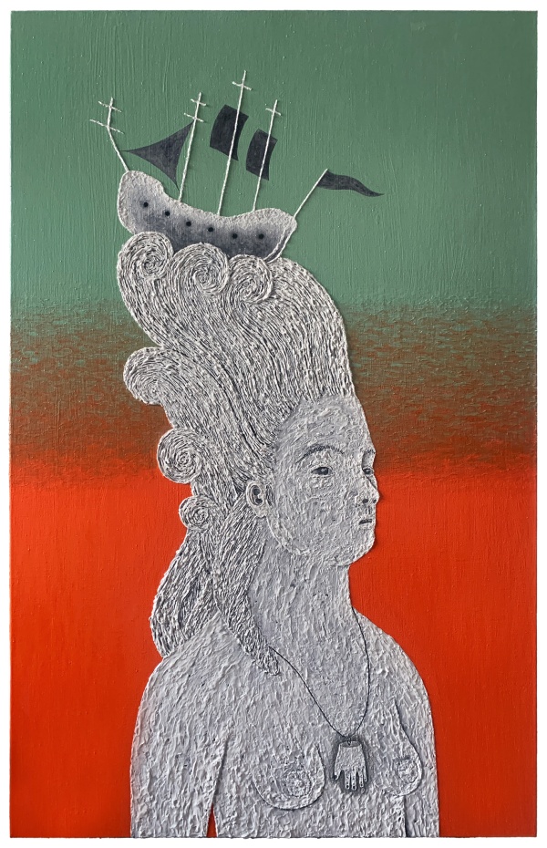 'Nimrod's Claim', 2025<br />acrylic modelingpaste on canvas<br />115 x 73 cm 