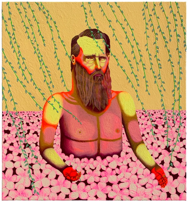'The Poet Eugene Amongst the Poisonous Oleanders and the Weeping Willows', 2025<br />acrylic on canvas<br />70 x 65 cm 