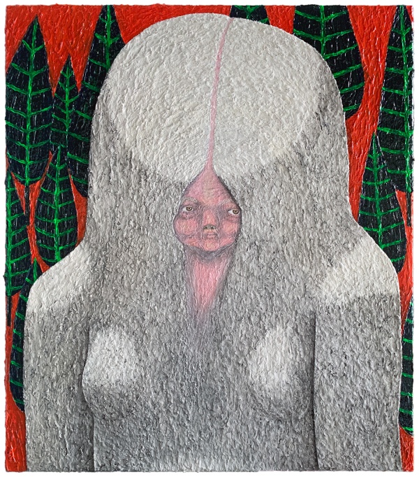 'Harbinger', 2025<br />acrylic, charcoal and modelingpaste on canvas<br />80 x 70 cm 